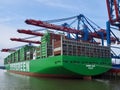 Evergreen - the biggest container ship at Terminal Burchardkai in the port of Hamburg, Germany Royalty Free Stock Photo