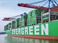 Evergreen - the biggest container ship at Terminal Burchardkai in the port of Hamburg, Germany Royalty Free Stock Photo