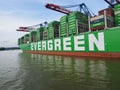 Evergreen - the biggest container ship at Terminal Burchardkai in the port of Hamburg, Germany Royalty Free Stock Photo