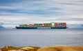 Evergreen container ship with full of cargo docked in port at Vancouver Island Nanaimo Royalty Free Stock Photo