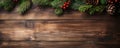 Evergreen Pine Branches With Red Berries On A Wooden Background Space For Text