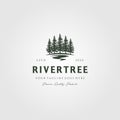 Evergreen Pine Tree Logo Vintage With River Creek Vector Emblem Illustration Design