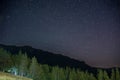 Evergreen spruce forest at night, visible Milky Way galaxy, clear sky, long exposure