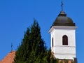 Old chapel detail with white stucco walls and black Zink plated roof