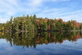 Evergreens, maples and clouds reflected