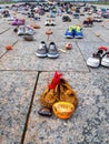 Every child matters. Many children shoes on the Ottawa\'s Parliament Hill to remember the death of Native people children Royalty Free Stock Photo