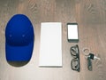 Every day carry man items collection: glasses, cap, key.