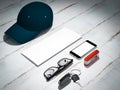 Every day carry man items collection: glasses, cap, knife. Royalty Free Stock Photo