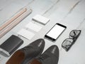 Every day carry man items collection: glasses, cue, shoes . Royalty Free Stock Photo