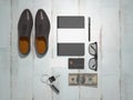 Every day carry man items collection: glasses, flash , shoes . Royalty Free Stock Photo