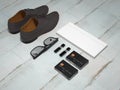 Every day carry man items collection: glasses, flash , shoes . Royalty Free Stock Photo