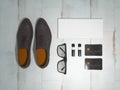 Every day carry man items collection: glasses, flash , shoes . Royalty Free Stock Photo