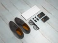 Every day carry man items collection: glasses, flash , shoes . Royalty Free Stock Photo