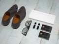 Every day carry man items collection: glasses, flash , shoes . Royalty Free Stock Photo