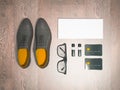 Every day carry man items collection: glasses, flash , shoes . Royalty Free Stock Photo