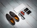 Every day carry man items collection: glasses, knife, shoes . Royalty Free Stock Photo