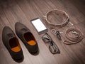 Every day carry man items collection: glasses, leash, shoes . Royalty Free Stock Photo