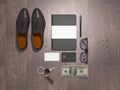 Every day carry man items collection: glasses, leash, shoes . Royalty Free Stock Photo