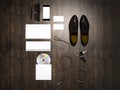 Every day carry man items collection: glasses, leash, shoes . Royalty Free Stock Photo