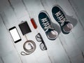 Every day carry man items collection: glasses, leash, sneakers. Royalty Free Stock Photo