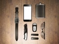 Every day carry man items collection: glasses, usb, keys, watches,flask. Royalty Free Stock Photo