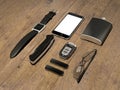 Every day carry man items collection: glasses, usb, keys, watches,flask. Royalty Free Stock Photo