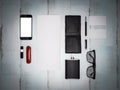 Every day carry man items collection: glasses, wallet, knife, . Royalty Free Stock Photo