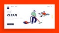 Every Day Routine, Weekend Chores Landing Page Template. Boy Character Doing Domestic Work