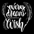 Every dream begins with a wish hand lettering with feathers.