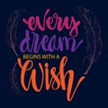 Every dream begins with a wish hand lettering with feathers.