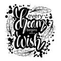 Every dream begins with a wish hand lettering with feathers.