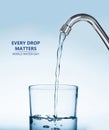 Every drop matters. Filling glass with water from tap on light blue background Royalty Free Stock Photo