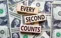 Every second counts symbol. Concept words Every second counts on wooden blocks on a beautiful background from dollar bills. Royalty Free Stock Photo