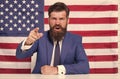 Every vote matters. National holidays. Celebration of victory. Bearded hipster man being patriotic for usa. American