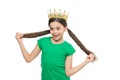 Every woman is princess. Kid wear golden crown symbol of princess. Girl dreaming become princess. Lady cute little