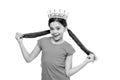 Every woman is princess. Kid wear golden crown symbol of princess. Girl dreaming become princess. Lady cute little Royalty Free Stock Photo