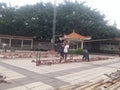 Workers are building a stage frame for the third temple fair on the third day of the third lunar month. In shenzhen xixiang, China