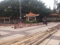 Workers are building a stage frame for the third temple fair on the third day of the third lunar month. In shenzhen xixiang, China