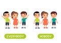 Everybody and nobody antonyms word card vector template. Opposites concept.