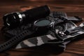 Everyday carry EDC items for men in black color - flashlight, watch and knife. Survival set. Minimal concept. Royalty Free Stock Photo