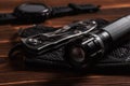 Everyday carry EDC items for men in black color - flashlight, watch and knife. Survival set. Minimal concept Royalty Free Stock Photo