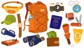 Everyday carry stuff for travel. Tourist bag and accessories set. Backpack content, essentials, things, supplies and equipment. Royalty Free Stock Photo