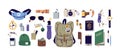 Everyday carry stuff for travel. Tourist bag and accessories set. Backpack content, essentials, things, supplies and Royalty Free Stock Photo