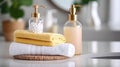 Everyday Essentials, Soap Dispenser, Towels, and Brush Gracefully Arranged on a Crisp White Table Indoors, Generative AI Royalty Free Stock Photo