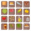 Everyday food common goods organic cards products we get by shopping in supermarket vector illustration.
