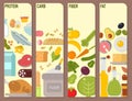 Everyday food common goods organic cards products we get by shopping in supermarket vector illustration.