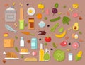 Everyday food common goods organic products we get by shopping in supermarket vector illustration.