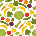 Everyday food common goods organic products seamless pattern background shopping in supermarket vector illustration.