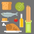 Everyday food common goods organic products we get by shopping in supermarket vector illustration.