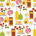Everyday food common goods organic products seamless pattern background shopping in supermarket vector illustration.